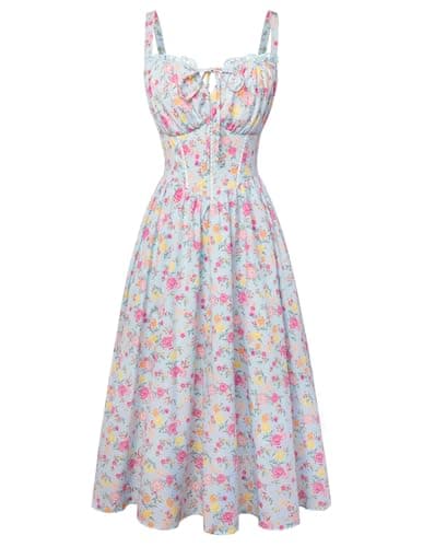 Scarlet Darkness Women 2026 Floral Corset Dress Summer Milkmaid Sundress Wedding Guest Dresses with Pockets Blue Pink Floral M - Image 1