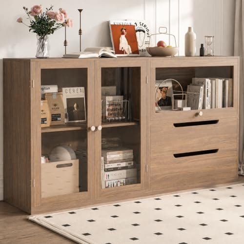 Easyego 63‘’Storage Cabinet,Sideboard Buffet Cabinet with Glass Doors and Drawers,Modern Wood Coffee Bar for Kitchen, Living Room,Dining Room,Entryway-Walnut - Image 1