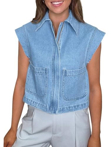 Tankaneo Womens Zip Up Denim Vest Top Summer Cap Sleeve Cropped Jean Vests Jacket Trendy Casual Sleeveless Waistcoat - Image 1