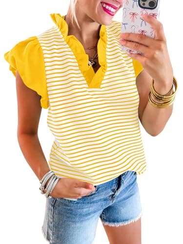 Tankaneo Womens Ruffle Cap Sleeve Tank Tops Cute Summer Striped Shirts Puff Sleeve Pleated V Neck Blouse Yellow - Image 1