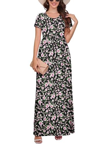 DEARCASE Maxi Dress for Women Floral Black Pink Large Round Neck Boho Short Sleeve A-line Casual Hawaiian Flowy Party Vintage Spring Summer Beach Long Dresses with Pockets - Image 1