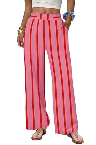 Sampeel Wide Leg Linen Pants for Women Trendy Flowy Cute Summer Outfits Palazzo Lounge Casual Pants Airport Cruise Vacation Resort Wear for Women 2026 Pink Striped S - Image 1