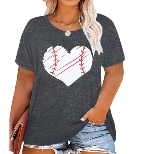 BLANCHES Plus Size Baseball Shirts Women Baseball Mom Tshirts Heart Graphic Softball Tee Game Day Short Sleeve Tops Grey