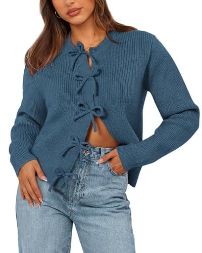 BTFBM Bow Cropped Cardigan Sweaters for Women 2026 Fall Winter Open Front Sweater Long Sleeve Button Fashion Spring Clothes(Blue, X-Large) - Image 1
