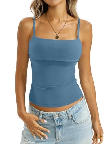 EasyGala Womens Cotton Foldover Tank Tops Sexy Square Neck Spaghetti Strap Cami Basic Summer Low Cut Camisole Fitted Y2K Trendy Going Out Shirts 2026 Kyanite X-Large - Image 1
