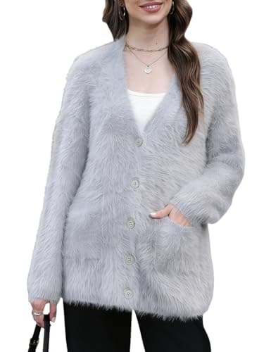 Wyeysyt Women's Fuzzy Cardigan Sweater V Neck Long Sleeve Button Down Knit Furry Sweaters with Pockets(Grey-L) - Image 1