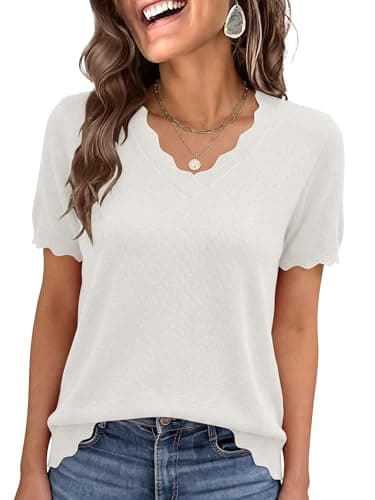 ANRABESS Short Sleeve Sweater for Women V Neck Ribbed Knit Lightweight Sweaters Top 2026 Summer Business Casual Outfits Small White - Image 1