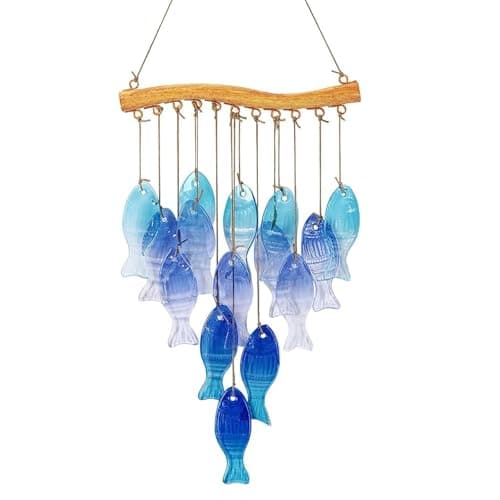 Wind Chimes Blue Glass Sea, Garden Wind Chime for Home, Beach Party, Festival Decor, Glass Garden Patio Yard Porch Decoration Indoor/Outside, Lifelike Fish Style - Image 1