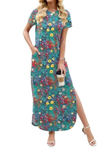 Heymoments Womens Summer Maxi Dress Floral Print Medium Short Sleeve Casual Loose Fitted Long T Shirt Ladies Flowy Dresses Split Cute Vacation Party Beach Travel Elegant Sundress with Pockets - Image 1