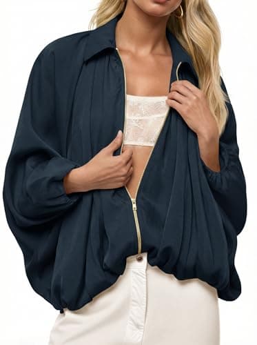 Tankaneo Womens Bomber Jackets Oversized Batwing Sleeve Zip Up Puffed Jacket Lapel Collar Pleated Outerwear - Image 1