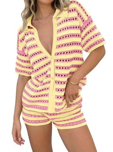 Saodimallsu Womens Crochet Swimsuit Coverup Summer 2 Piece Outfits Striped Knit Short Sleeve Button Shirts Shorts Sets Pink - Image 1