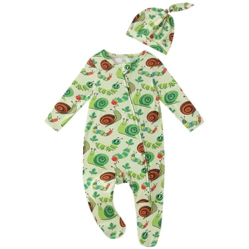 NewSeed Baby One-Piece Footies Long Sleeve Rompers 2-Way Zipper, Baby Bodysuit Bamboo Clothes for Boys Girls (Caterpillar and Snails, 1-3M) - Image 1