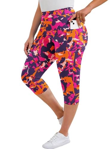 AusLook Plus Size Capri Leggings for Women with Pockets High Waisted Tummy Control Cropped Rosy Clouds 3X Leggings Buttery Soft Stretch Casual Lounge Workout Pants - Image 1