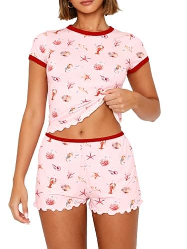 Dressmine Pajama Shorts Set for Women Cute Print Sleepwear Colorblock 2 Piece Pjs Shorts Set Shell Y2K Nightwear Summer Fashion XL - Image 1