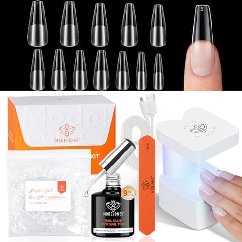 modelones X Nail Gel Kit Long Coffin, 9-in-One Nail Glue with Mini UV Light 216Pcs 12Sizes Pre-Etched Press ons Fake Acrylic Extension Kit DIY Salon Gift - Image 1