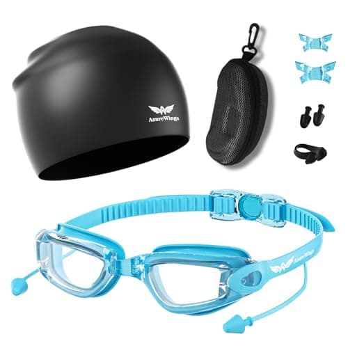 AzureWings 7 in 1 Swim Goggles + Swim Cap for Men Women,No Leak Anti-Fog & UV, Wide Visio HD Mirror PC Lens (light blue) - Image 1