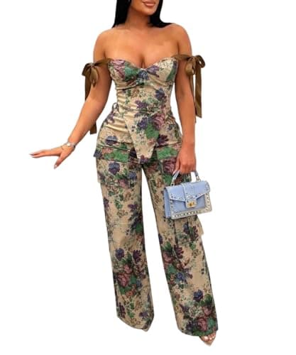 knowfashionstyle Sexy 2 Piece Sets For Women Going Out Sleeveless Croset Top And Wide Leg Pants Set Party Birthday Outfits Khaki Xl - Image 1