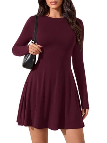 PRETTYGARDEN Womens Fall Mini Dress 2026 Crewneck Long Sleeve Tie Back Waist A Line Flowy Casual Dresses Fashion Outfits (Burgundy, Large) - Image 1