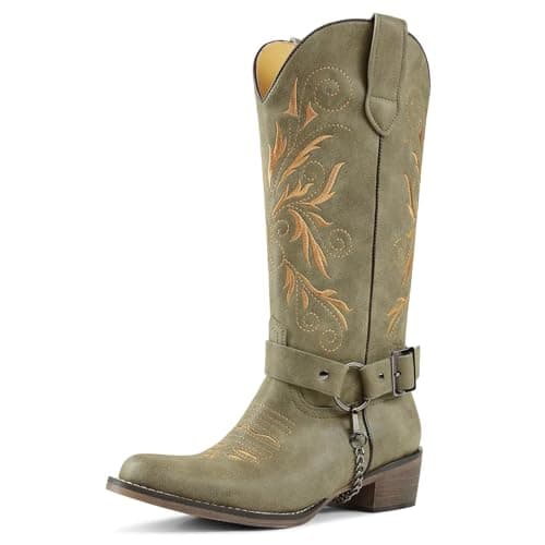 GPXGPX Cowboy Boots Embroidered Cowgirl Boots Women Mid Calf, With Removable Belt Low Block Heel Round Toe Western Boots Green 7.5 - Image 1