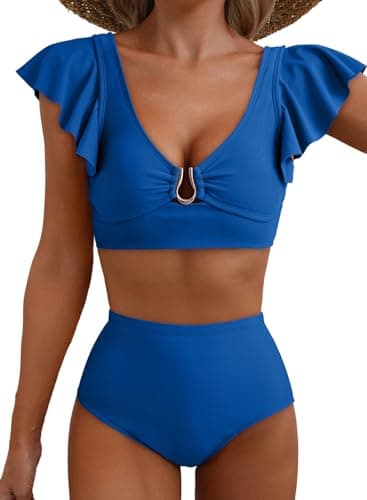 Herseas High Waisted Bikini Sets for Women Two Piece Modest Swimsuits Tummy Control Full Coverage Bathing Suit Summer Ruffle U-Wire Supportive Beachwear Blue XX-Large - Image 1