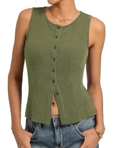 Kate Kasin Women Green Button Up Tank Tops, Sleeveless Ribbed Sweater Vest Trendy, Summer Going Out Outfits Lightweight S - Image 1