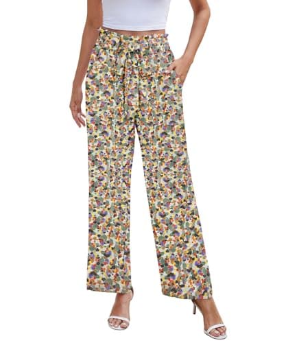 NILOUFO Casual Pants for Women Summer Lightweight Wide Leg Pants High Waisted Elastic Waist Tie Knot Trousers with Pockets(Colorful Paint, Large) - Image 1