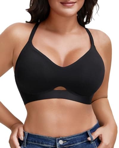 LIIJOO Women's Wireless Seamless Support Bra, V-Neck Full Coverage Back-Smoothing Comfort Bralette with Adjustable Straps and Lace Racerback for Everyday Wear(Black, 2XL Size) - Image 1