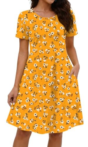 COSSEN Women's Summer 2026 Casual Tshirt Dress Yellow Print Large Crew Neck Short Sleeve with Pockets Flowy Loose Swing A-Line Sundress - Image 1
