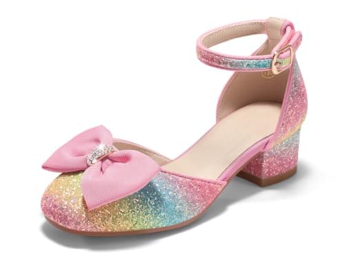 Coutgo Girls Dress Shoes Bow Chunky Heels Glitter Flower Girl Shoes - Image 1