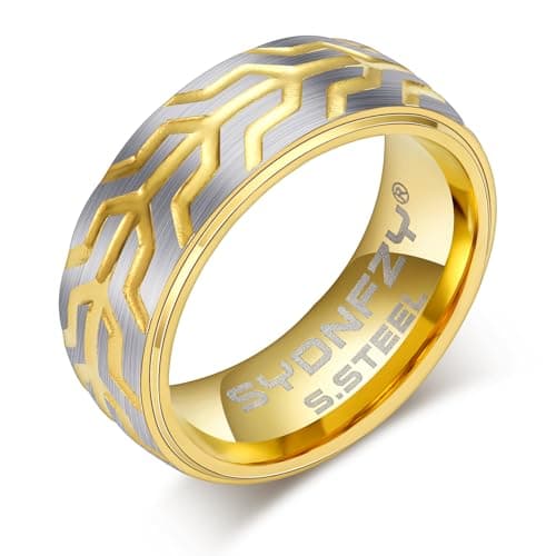 SYDNFZY Mens Wedding Band Ring - 8mm Fashion Classic Stainless Steel Engagement Promise Rings for Men Women, Cool Tire Tread Pattern Ring for Men Biker Bands Comfort Fit Jewelry Gift Ring Size 7 8 9 10 11 (Gold, 10) - Image 1