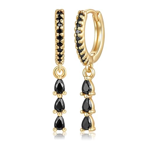 Gold and Black Dangle Drop Earrings for Women 14K Gold Plated Dainty Trendy Fashion Dangling Huggie Hoops Formal Small Dangly Earrings with Cubic Zirconia Charms Prom Earrings - Image 1