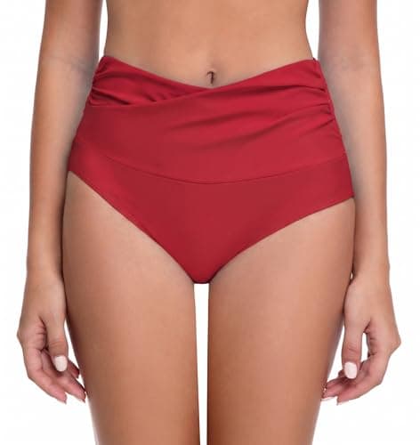 COCOPEAR V-Cross High Waisted Bikini Bottoms Tummy Control Full Coverage Bikini Bottoms for Women Red M - Image 1