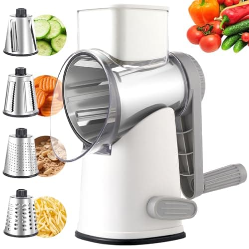 Weltonhm Rotary Cheese Grater with 4 Blades, Hand Crank Cheese Grater with Waffle Slicer, Black and White Cheese Slicer with Suction Base, Easier for Shredding& Grating (White and Grey, 4 Graters) - Image 1