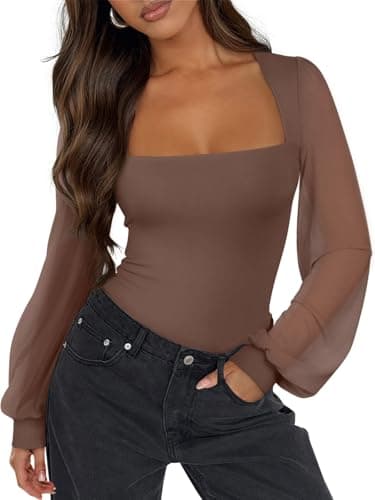 PINKMSTYLE Women's Square Neck Double Lined Mesh Long Sleeve Bodysuits Slim fit Trendy Going Out Tops Shirts Coffee XX-Large - Image 1