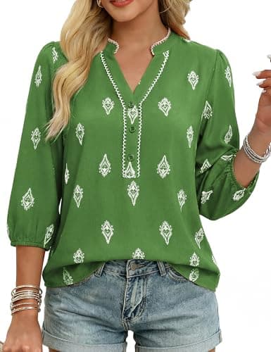 GRACE KARIN Boho Tops for Women Summer, Dressy Casual Floral Blouses, V Neck Button Up 3/4 Sleeve Shirts for Vacation Dark Green L - Image 1