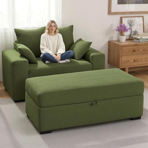 Indoor Chaise Lounge Chair with Storage Ottoman, Modern 60-Inch Lounge Sofa Chair with Wide Armrests & 4 Pillows, Oversized Comfy Reading Lounger for Living Room, Bedroom(Medium-Rib Corduroy Green) - Image 1