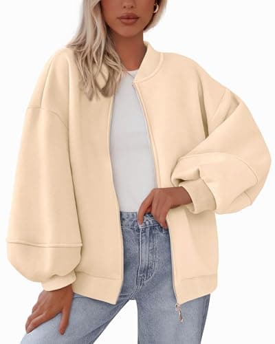 KIRUNDO Oversized Sweatshirt for Women Zip Up Bomber Jacket 2026 Fall Fashion Casual Long Sleeve Outerwear Winter Outfits(Beige, Large) - Image 1