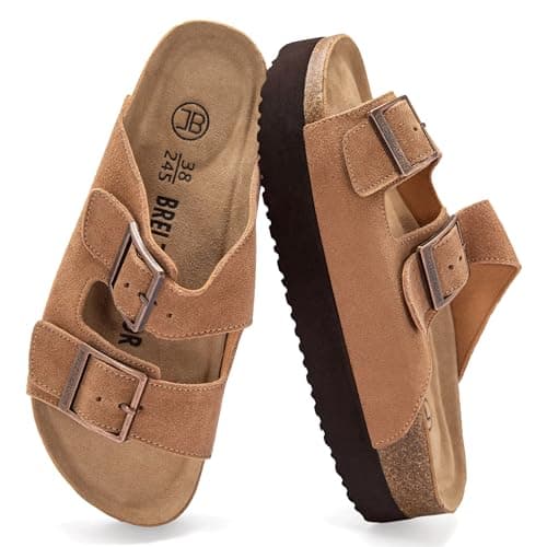 Platform Sandals for Women Suede Summer Slides with Adjustable Buckle - Image 1