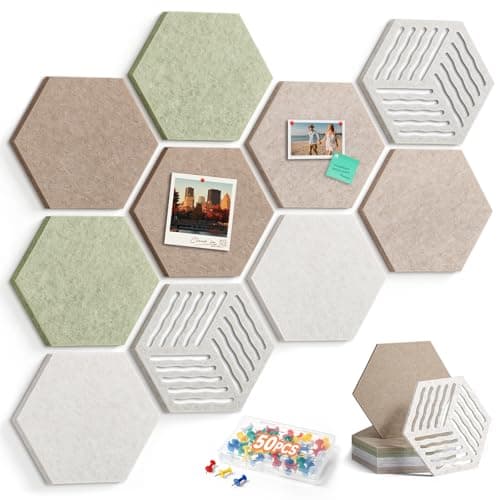 Fynnsilas 10 Pack Hexagon Felt Bulletin Board Tiles, 9mm Thick Pin Board with Unique Hollowed Wave Patterns, Traceless Nano Adhesive Backing, Decorative Wall Tiles with 50 Pins for Home & Office