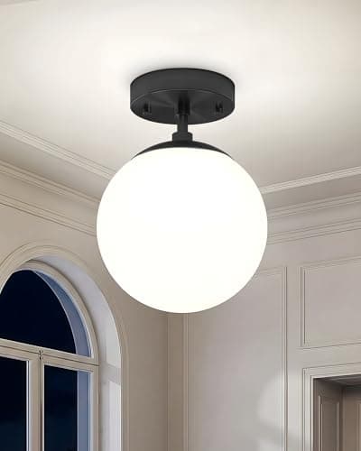 Majade Semi Flush Mount Ceiling Light 8" Globe Mid Century Modern Light Fixture Milk Glass with Matte Black Finish Light Fixtures for Hallway Entryway Kitchen Island Closet Laundry Bathroom - Image 1