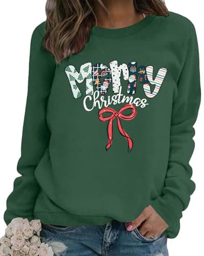 Merry Christmas Sweatshirt For Women Christmas sweatshirts Xmas Long Sleeve Top Winter Holiday Letter Print Pullover Green - Image 1