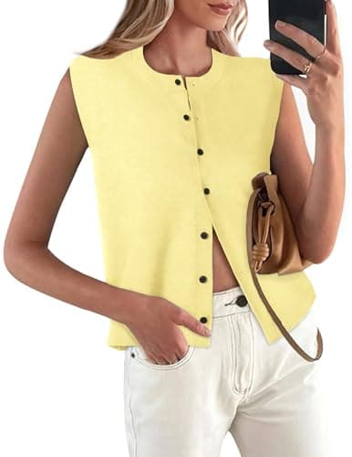 COCCKO Womens Sweater Vest Sleeveless Cardigan Button Up Crew Neck Summer Lightweight Knit Tank Top Yellow - Image 1