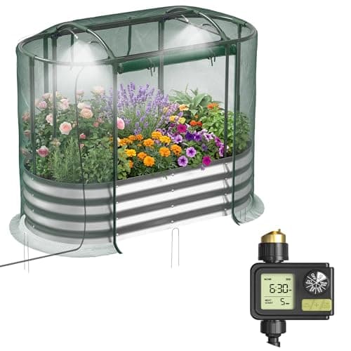 Lineware Raised Garden Bed with Sprinkler Timer and Self-Watering System, 4x2x1 ft Elevated Planter Boxes Outdoor with Mesh Cover, Galvanized Raised Beds for,Vegetables,Flowers, Backyard, Patio - Image 1