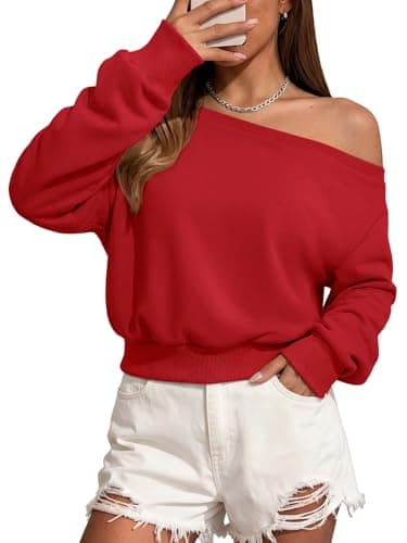ATHMILE Womens Red Off the Shoulder Sweatshirt Crop Top Long Sleeve Pullover Comfy Sexy Y2K Casual Fall Outfits 2026