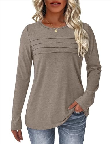 NORACORA Women's Long Sleeve Tops Crew Neck Casual Tunics Dressy Pleated Front T Shirts Business Blouses 2025 Spring Fall Outfits Pullover Tshirts Coffee XL - Image 1