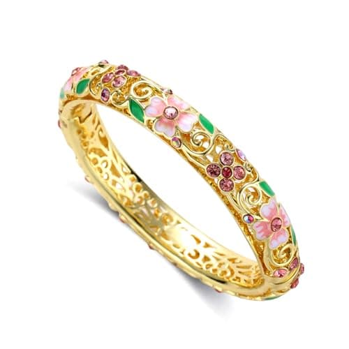 ULira Flor 18K Gold Plated Cloisonne Bangle Bracelets for Women, Inlaid with AAA Cubic Zirconia, Enamel Craft Jewelry-Floral Element,Retro Trendy Fashion Palace Style, Perfect Jewelry Gift Idea for Her, Girlfriend, Wife, Mom, Sister, Lover on Birthday, Christmas, Valentine's Day, Mother's Day