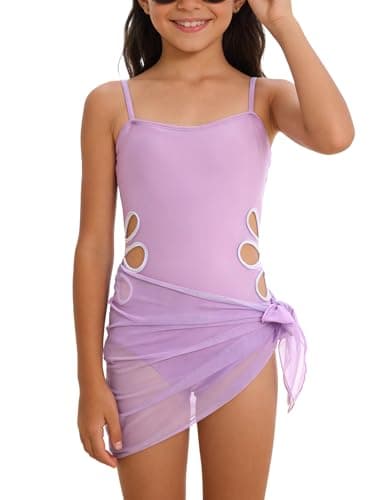 IBTOM CASTLE Kids Girls Swimsuit Adjustable Straps Swimwear Cutout One Piece Bathing Suit with Cover Up Skirt Light Purple 11-12 Years - Image 1