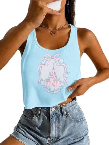 Women's Magic Kingdom Castle Graphic Tank Tops Summer Bow Crop Tank Blue - Image 1