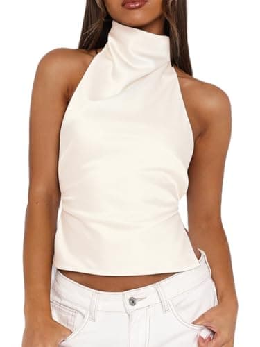 Matunana Women Satin Halter Tops Going Out Mock Neck Backless Tank Top White - Image 1