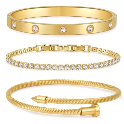 SHENGKEAO Gold Plated Bangle Bracelets for Women Stackable 18K Gold Plated Stainless Steel Love Bracelet Set Nail Cuff Bangle Set for Love Jewelry Adjustable Tennis Bracelet Non Tarnish Gift Jewelry (Golden) - Image 1